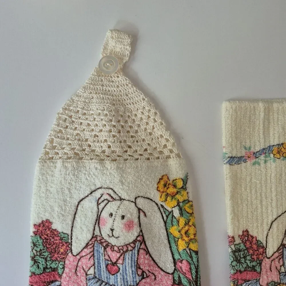 Vintage Cotton 2 PC Bunny Flowers Embroidered Kitchen Towel and Dish Cloth Set